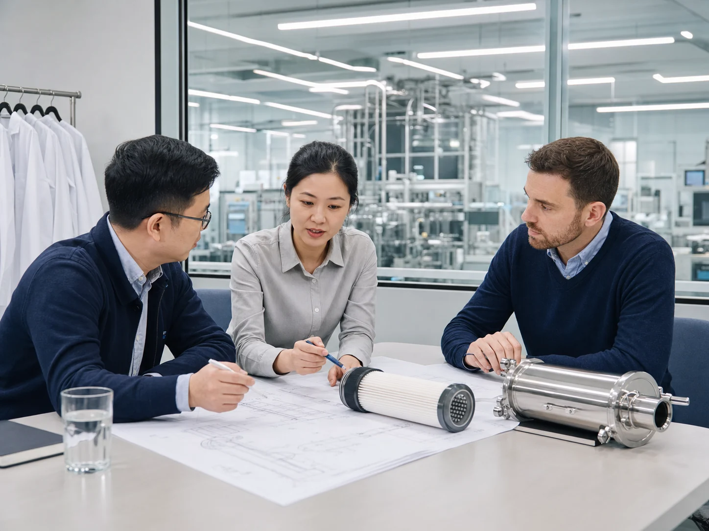 Global customer and Chinese manufacturing engineers reviewing a filtration component and technical drawing