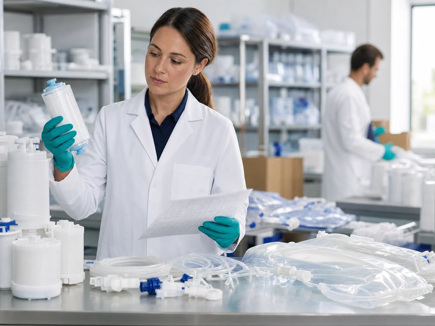 A bioprocess distribution specialist inspecting filtration capsules, tubing, and single-use bags