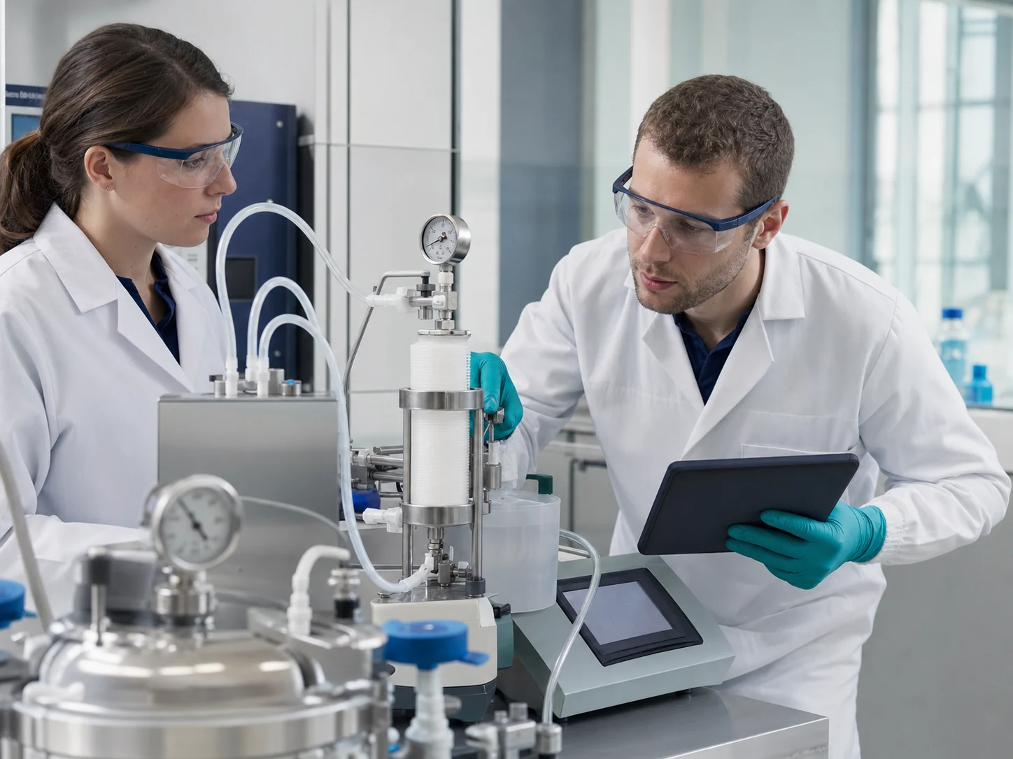 Two validation scientists checking a sterile filtration assembly and integrity testing setup