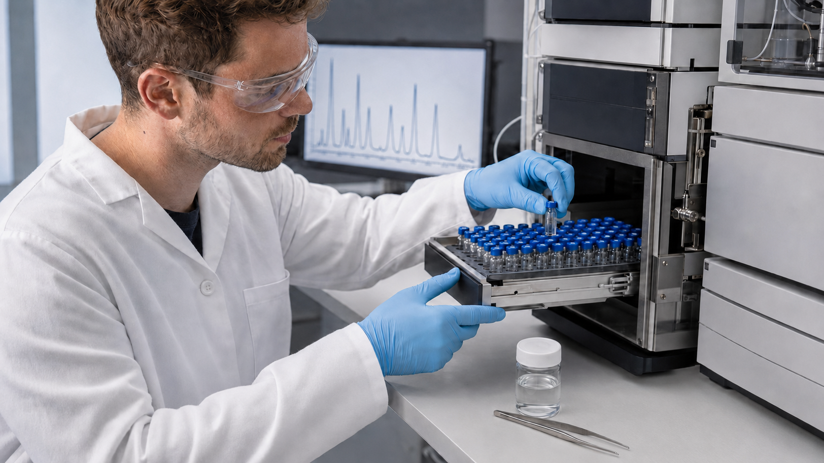 Bioprocess validation scientist preparing analytical samples in a laboratory